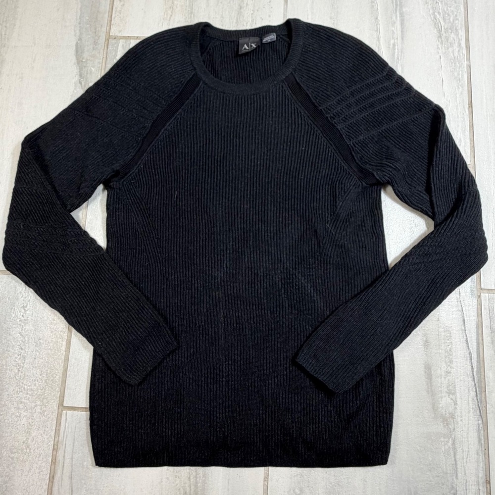 Armani Exchange Men Black Ribbed Knit Crew Neck Raglan Sweater‎ Size Large L